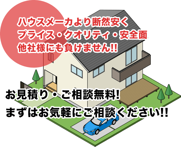 ハウスメーカより断然安くプライス・クオリティ・安全面 他社様にも負けません!!お見積り・ご相談無料!まずはお気軽にご相談ください!!